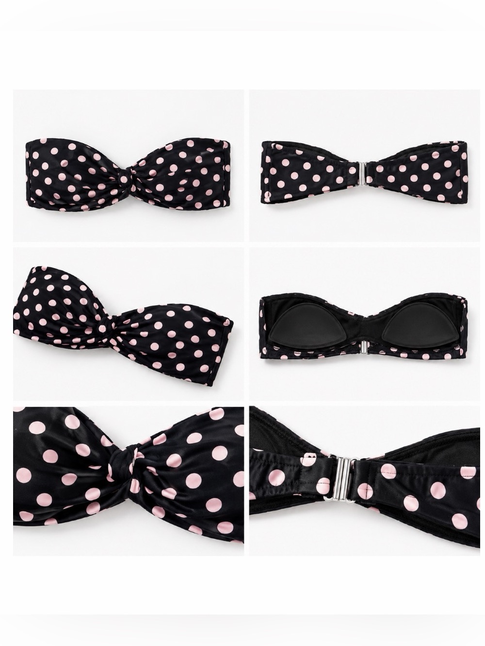 Topshop bandeau bikini, black with baby pink polkadots tie front